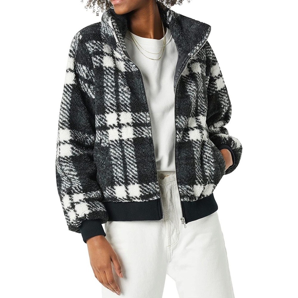 Plaid Teddy Faux Shearling Funnel Neck Jacket